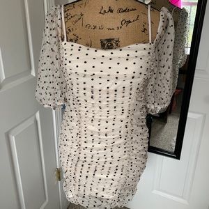 Ruched White Polka-Dot Mini Dress